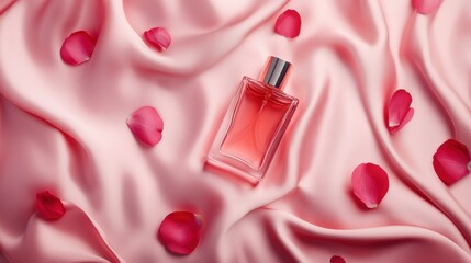 Wall Mural - Elegant perfume bottle on silky fabric with rose petals