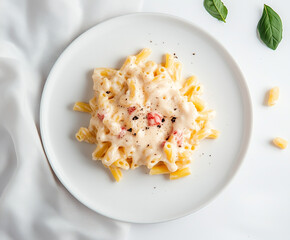 Wall Mural - Mac & Cheese on white round plate light background