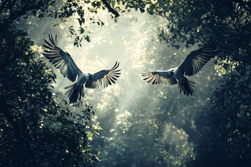 Aufkleber - Two birds in flight, sunlight through forest canopy.
