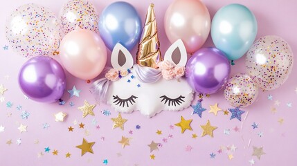 Poster - Pastel unicorn mask surrounded by balloons and confetti stars on pink background.