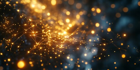 Fototapete - Abstract glowing network, golden nodes and connections.