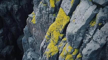 Aufkleber - Close-up of grey rocks with vibrant yellow lichen.