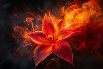 Poster - Fiery red lily engulfed in flames and smoke against a dark background.