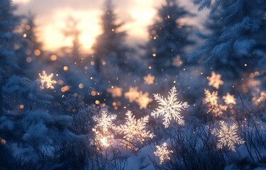 Aufkleber - Magical winter sunset scene with glowing snowflakes in snowy forest.