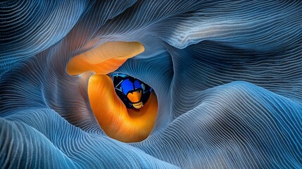Aufkleber - Abstract underwater scene with vibrant orange and blue hues, showcasing intricate textures and a small fish within a translucent, flowing structure.