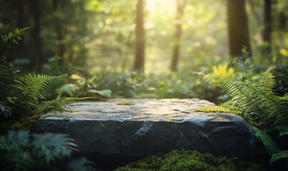 Poster - Sunlit forest scene with mossy stone.
