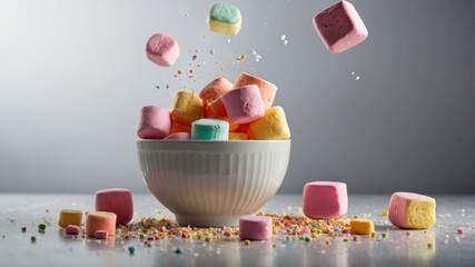 Wall Mural - A bowl of colorful marshmallows with some scattered around, creating a playful scene.