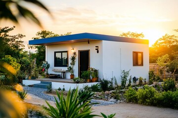 Poster - Modern minimalist white house with blue roof at sunset.