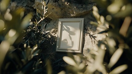 Poster - Blank frame nestled amongst olive branches and rocks, sunlight casts shadows.