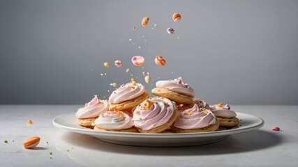 Wall Mural - A delightful arrangement of colorful macarons topped with frosting and sprinkles.