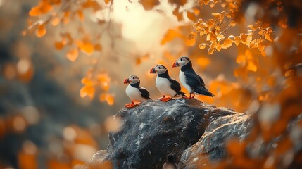 Poster - Three puffins perched on a rock amidst autumn leaves during golden hour.