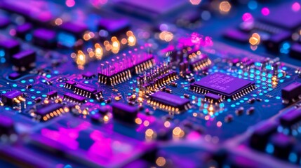 Poster - Close-up of illuminated circuit board with microchips and components.