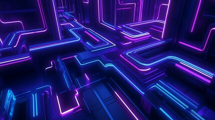 Poster - Abstract neon light purple and blue glowing lines forming complex geometric shapes in a dark futuristic space.