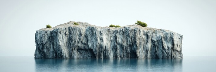 Aufkleber - Small, rocky island with sparse vegetation, isolated in calm water against a bright sky.