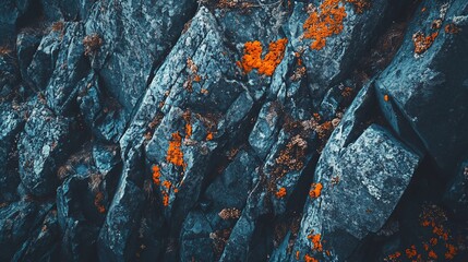 Poster - Close-up of dark grey rocks with orange lichen, textured surface.
