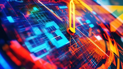 Poster - Abstract close-up of a vibrant, futuristic clock face with glowing digital elements and moving hands.