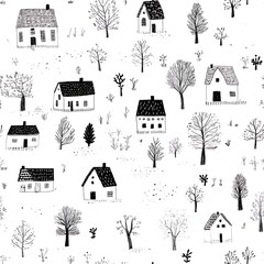 Wall Mural - A charming illustration of cozy houses and trees creating a whimsical village scene