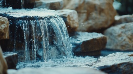 Poster - Cascading water flowing over rocks in a tranquil garden setting.