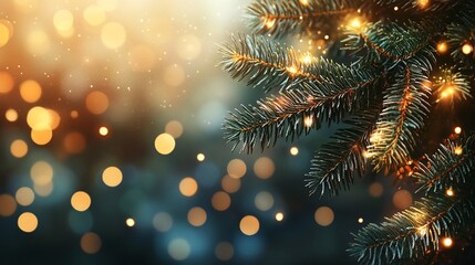 Poster - Festive Christmas tree branch with warm lights and bokeh background. (1)