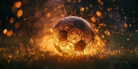 Poster - Fiery soccer ball on grass with sparks. (1)