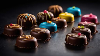 Wall Mural - A colorful assortment of chocolate-covered desserts with decorative toppings on a dark background.