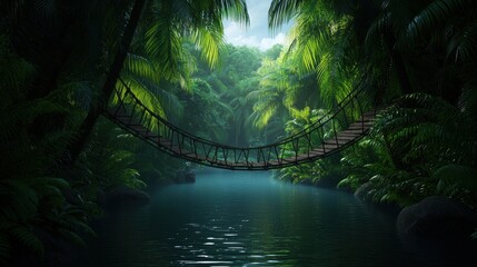 Wall Mural - Serene jungle scene with a hanging bridge over a river