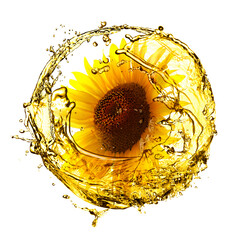 Wall Mural - Cooking oil splashes and sunflower on white background