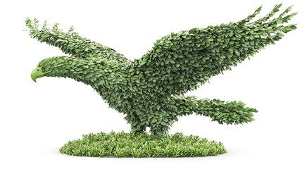 Wall Mural - Leafy eagle sculpture on grassy base with spread wings against white backdrop