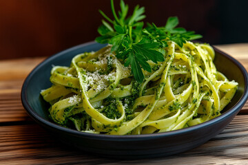 Wall Mural - A plate of pasta with green pesto sauce, garnished with fresh herbs,