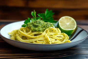 Wall Mural - A plate of pasta with green pesto sauce, garnished with fresh herbs,