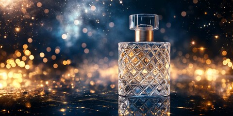 Poster - Elegant perfume bottle on dark background with bokeh lights.