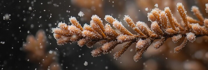 Poster - Close-up of a frost-covered plant branch with snowflakes falling.