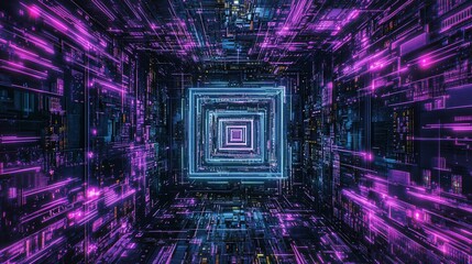 Aufkleber - Abstract digital tunnel with glowing purple and blue lines.