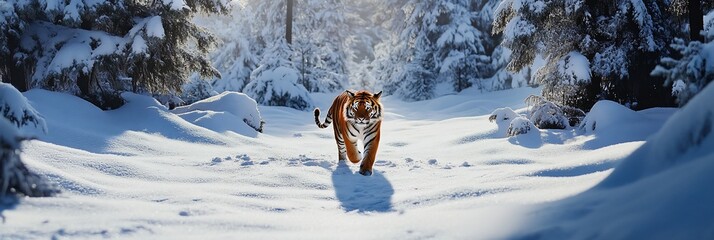Aufkleber - Majestic Siberian tiger walking through a snowy forest.