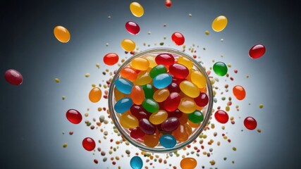 Wall Mural - A vibrant bowl filled with colorful jelly beans, surrounded by scattered candies.