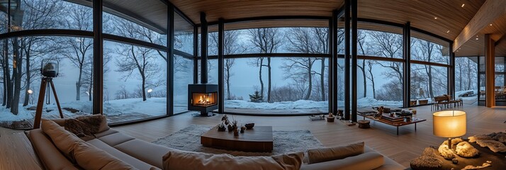 Poster - Cozy living room with large windows overlooking a snowy winter landscape and a fireplace.