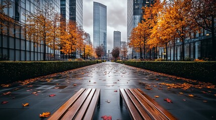 Leinwandbilder - Autumnal city park with benches, skyscrapers, and fallen leaves on a wet pavement.