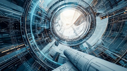 Aufkleber - Abstract futuristic architecture design with blueprints.