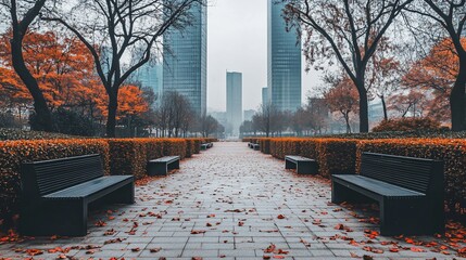 Poster - Autumnal city park path with benches, fallen leaves, and skyscrapers in the background.
