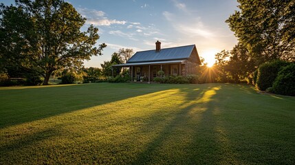 Aufkleber - Rustic stone cottage bathed in sunset's golden light, casts long shadows on a lush green lawn.