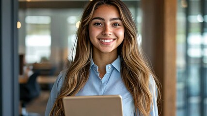 Wall Mural - The Woman with Tablet Smiling