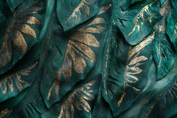 Poster - Teal and gold leaf texture background.