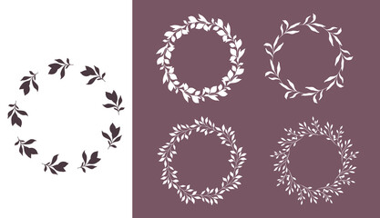 Wall Mural - Floral Wreaths Set. Trendy floral frames with leaves and branches silhouette. Hand drawn silhouettes of branches. Botanical Line Art. Hand drawn graphics. Elegant wedding invitations, save the date