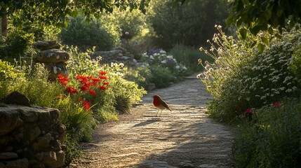 Aufkleber - Robin redbreast bird on stone path in vibrant garden at sunrise.