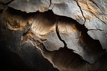 Leinwandbilder - Close-up of cracked, weathered dark brown and grey stone surface with texture and shadows.