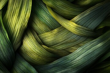 Wall Mural - Abstract image of interwoven green leaves with varying shades and textures, creating a complex pattern.