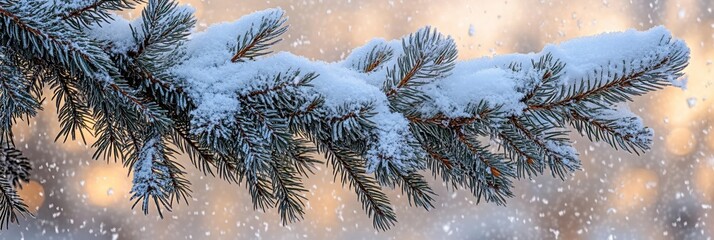 Aufkleber - Snow-covered pine branch during a snowfall with a blurred background.