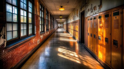 Poster - Sunlit hallway in an old school building with brick walls, wooden lockers, and large windows.