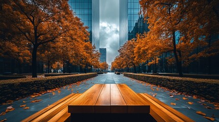 Poster - Wooden picnic table in autumnal city park between skyscrapers.