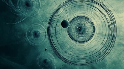 Aufkleber - Abstract teal concentric circles and dark spheres resembling a planetary system or atomic structure.
